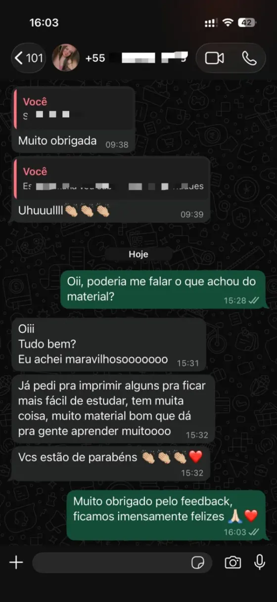 Print de conversa no WhatsApp com mensagem de aluno do kit