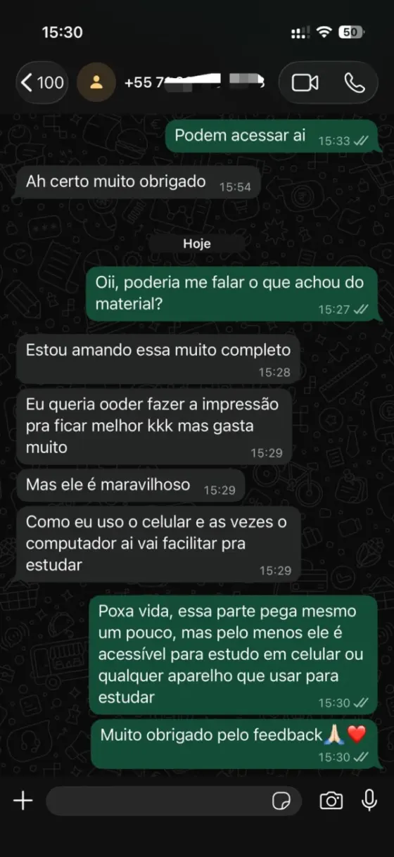 Print de conversa no WhatsApp com mensagem de aluno do kit