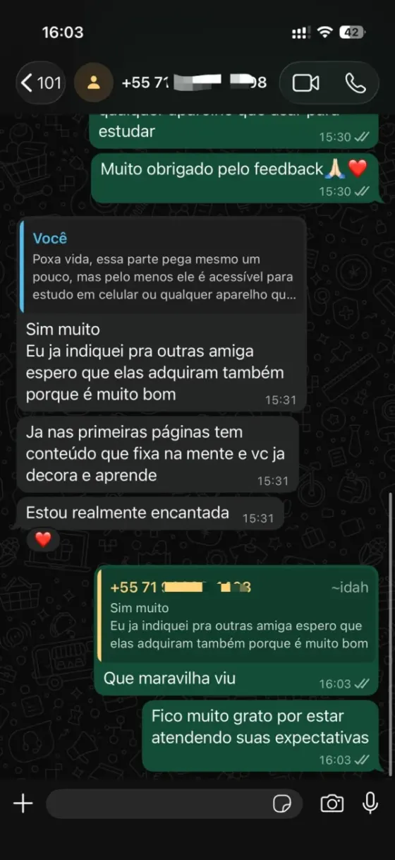 Print de conversa no WhatsApp com mensagem de aluno do kit