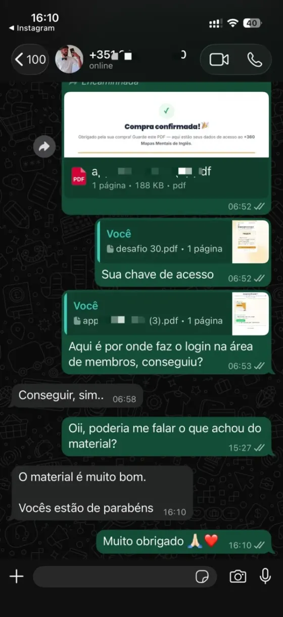 Print de conversa no WhatsApp com mensagem de aluno do kit