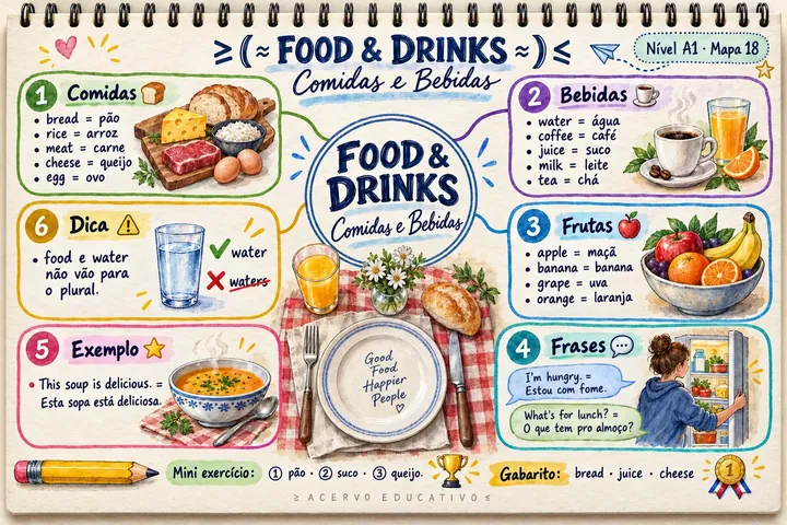Mapa mental de comidas e bebidas em inglês (A1)